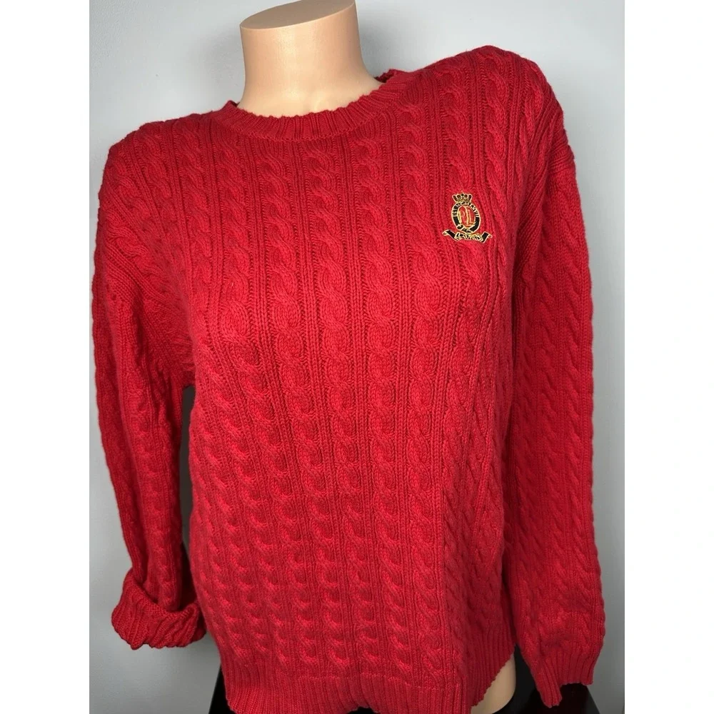 Lauren Ralph Lauren Large Womens Sweater Red Cotton Long Sleeve Chunky Academia